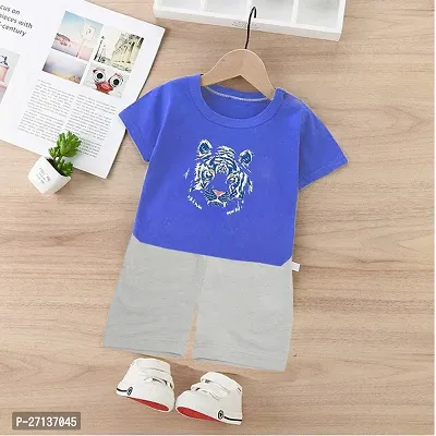 Fabulous Blue Cotton Blend Printed T-Shirts with Shorts For Boys