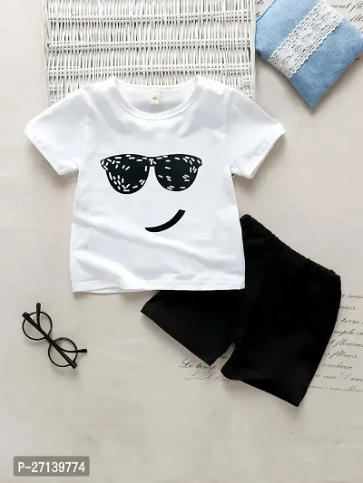 Trendy White Cotton Blend Printed T-Shirts with Shorts For Boys-thumb0