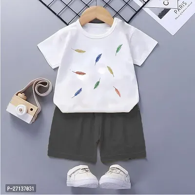 Fabulous White Cotton Blend Printed T-Shirts with Shorts For Boys