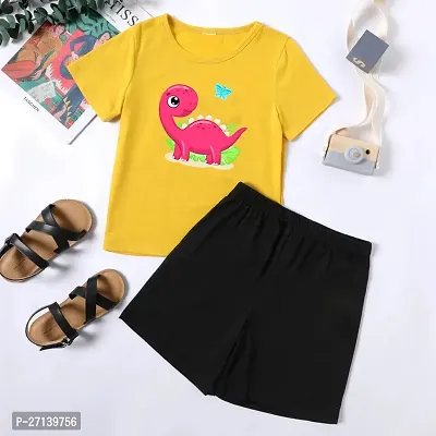 Trendy Yellow Cotton Blend Printed T-Shirts with Shorts For Boys