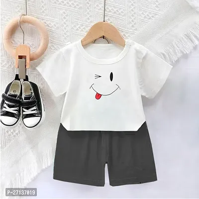 Fabulous White Cotton Blend Printed T-Shirts with Shorts For Boys