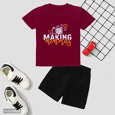 Trendy Maroon Cotton Blend Printed T-Shirts with Shorts For Boys-thumb0