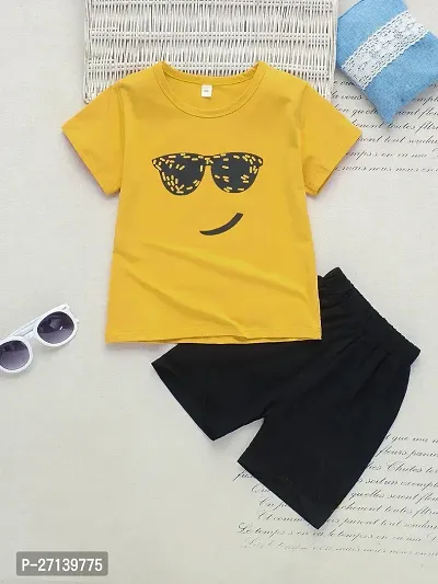 Trendy Yellow Cotton Blend Printed T-Shirts with Shorts For Boys