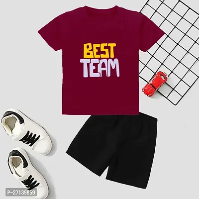 Trendy Maroon Cotton Blend Printed T-Shirts with Shorts For Boys-thumb0