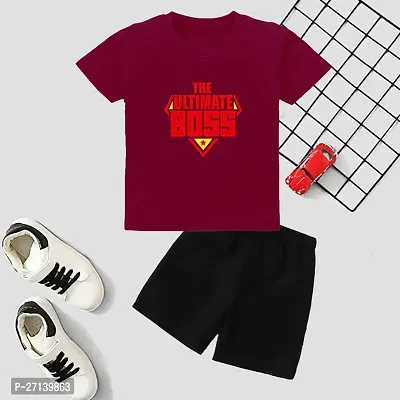 Trendy Maroon Cotton Blend Printed T-Shirts with Shorts For Boys-thumb0