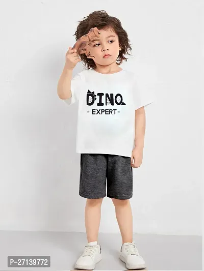 Trendy White Cotton Blend Printed T-Shirts with Shorts For Boys