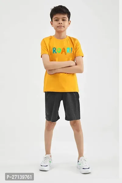 Trendy Yellow Cotton Blend Printed T-Shirts with Shorts For Boys