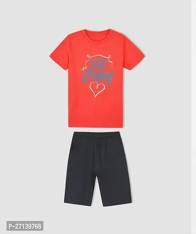 Trendy Red Cotton Blend Printed T-Shirts with Shorts For Boys