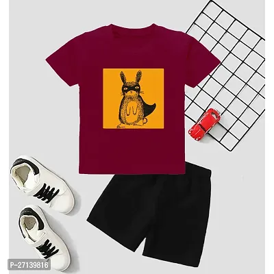 Trendy Maroon Cotton Blend Printed T-Shirts with Shorts For Boys-thumb0