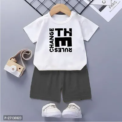 Fabulous White Cotton Blend Printed T-Shirts with Shorts For Boys