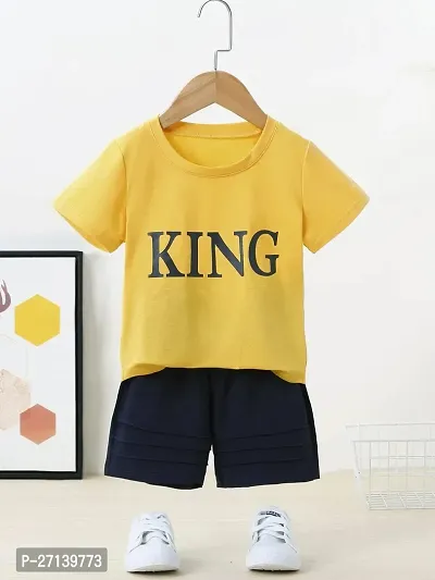 Trendy Yellow Cotton Blend Printed T-Shirts with Shorts For Boys