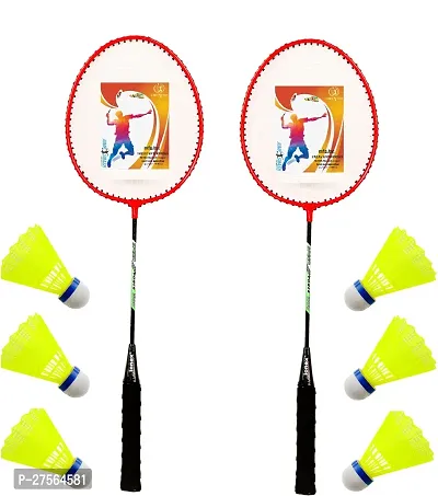 Single Shaft Badminton Racket With A Set Of 2 Piece And 6Piece Plastic Shuttle.