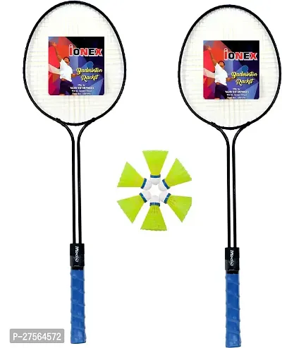 Double Shaft Multi Color Set Of 6 Piece Badminton Racket With 3 Piece Plastic Shuttle-thumb0