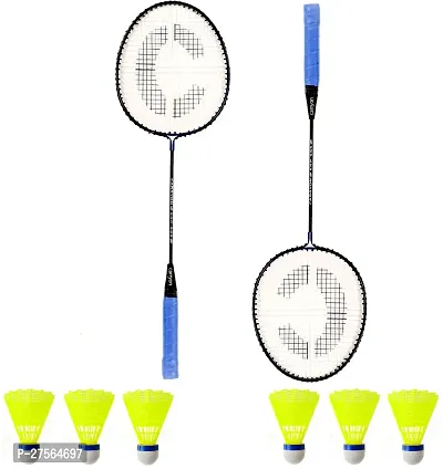Iron Body Badminton Racket Pack Of 2 Piece Badminton With 6 Plastic Shuttles-thumb0