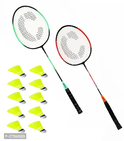 Single Shaft Badminton Racket Pack Of 2 Piece With 10 Piece Plastic Shuttle