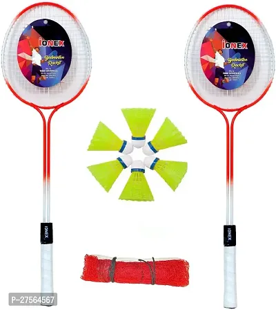 Double Shaft Multicolor Set Of 2 Piece Badminton Racket With 6 Piece Plastic Shuttle And 1 Net
