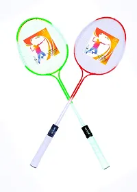Double Shaft Multicolor Set Of 2 Piece Badminton Racket With 6 Piece Plastic Shuttle Badminton Kit-thumb1