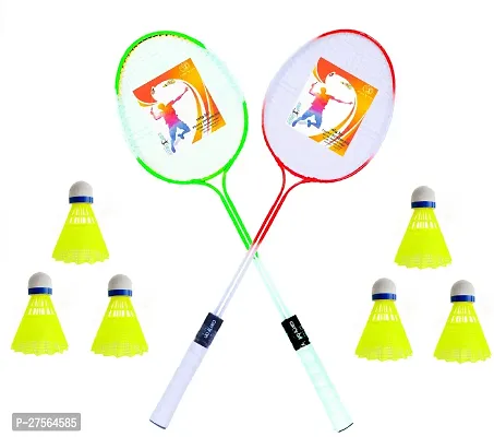 Double Shaft Multicolor Set Of 2 Piece Badminton Racket With 6 Piece Plastic Shuttle Badminton Kit-thumb0