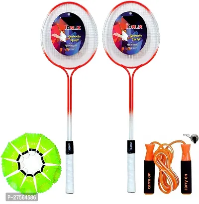 Double Shaft Multicolor Set Of 2 Piece Badminton Racket With 10 Piece Plastic Shuttle