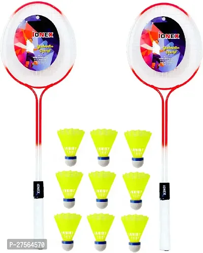 Double Shaft Multi Color Set Of 2 Piece Badminton Racket With 9 Piece Plastic Shuttle