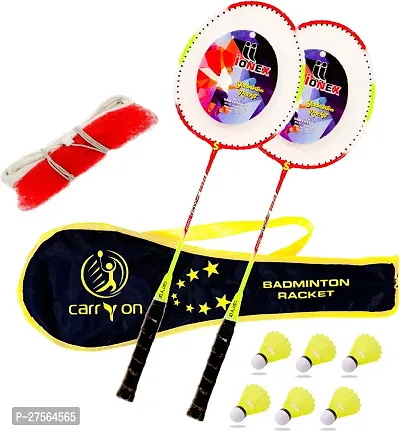 Single Shaft Multicolor Set Of 2 Piece Badminton Racket With 6 Piece Plastic Shuttle And 1 Net-thumb0