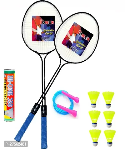 Double Shaft 2 Piece Racket With 6 Piece Plastic Shuttle 1 Skipping Rope