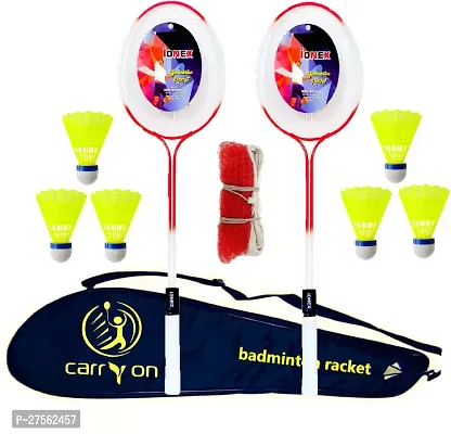 Multicolor 2 Piece Racket With 6 Piece Plastic Shuttle Cock With 1 Net 1Bag