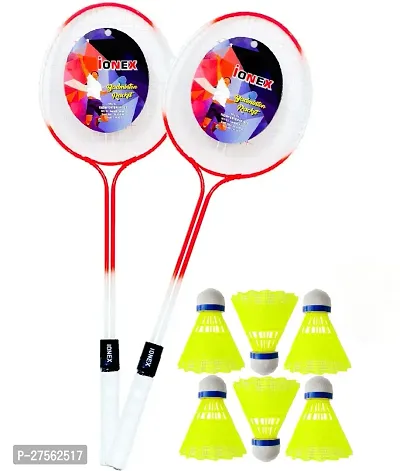 Double Shaft Multicolor Set Of 2 Piece Badminton With 6 Piece Plastic Shuttle