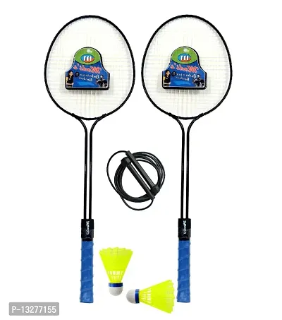 Double Shaft Badminton Racket 2 Piece With 2 Piece Plastic Shuttle 1 Skipping Rope Badminton Kit-thumb0