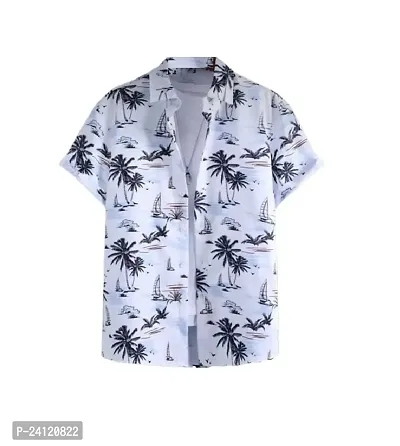 Hmkm Men's Lycra Lining Digital Printed Stitched Half Sleeve Shirt Casual Shirts (X-Large, White Tree)