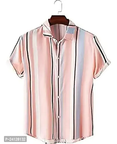 RK HUB Men's Lycra Striped Half Sleeve Casual Spread Collared Shirt (Pink) (M, 1)-thumb0