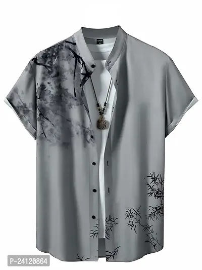 Hmkm Men's Lycra Lining Digital Printed Stitched Half Sleeve Shirt Casual Shirts (X-Large, Grey Tree)
