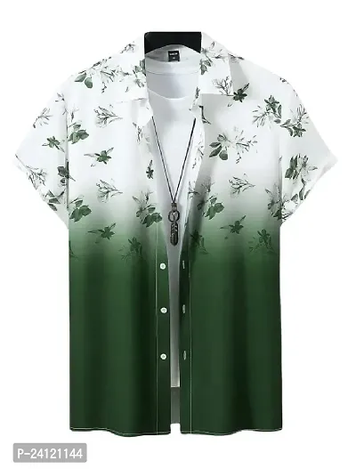 Hmkm Men's Lycra Lining Digital Printed Stitched Half Sleeve Shirt Casual Shirts (X-Large, Green Flower)