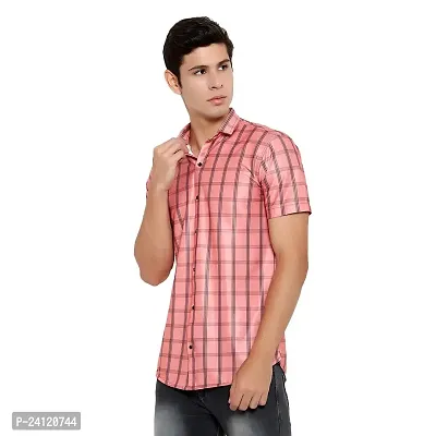 RK HUB Men's Lycra Striped Half Sleeve Casual Spread Collared Shirt (Red) (M, 1)-thumb3