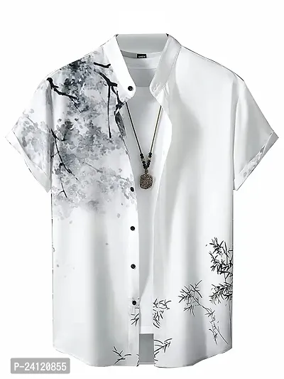 Uiriuy Men Regular Fit Floral Print Cut Away Collar Casual Shirt (X-Large, New White Tree)