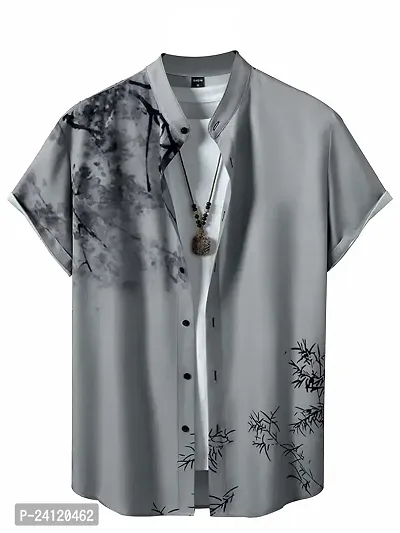 Uiriuy Men's Men Regular Fit Floral Print Cut Away Collar Casual Shirt (X-Large, Grey Tree)