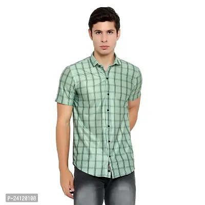 RK HUB Men's Lycra Striped Half Sleeve Casual Spread Collared Shirt (Green) (L, 1)