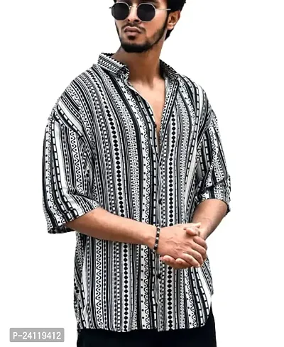 Uiriuy Men's Rayon Digital Print Casual Shirt (X-Large, White LINE)