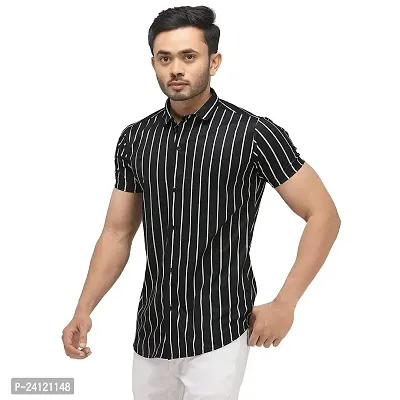 RK HUB Men's Lycra Striped Half Sleeve Casual Spread Collared Shirt (Black 1) (L, 1)-thumb5