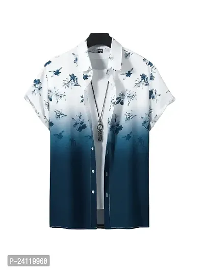 Hmkm Men's Lycra Lining Digital Printed Stitched Half Sleeve Shirt Casual Shirts (X-Large, Dark Blue Flower)