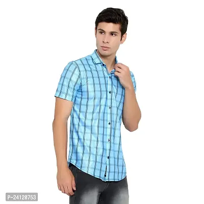 RK HUB Men's Lycra Striped Half Sleeve Casual Spread Collared Shirt (Royal Blue) (L, 1)