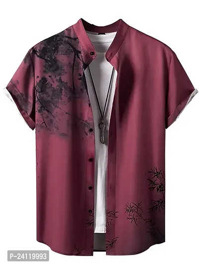 Uiriuy Men Regular Fit Floral Print Cut Away Collar Casual Shirt (X-Large, RED Tree)-thumb0