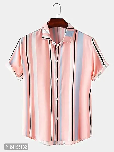 RK HUB Men's Lycra Striped Half Sleeve Casual Spread Collared Shirt (Pink) (M, 1)-thumb3