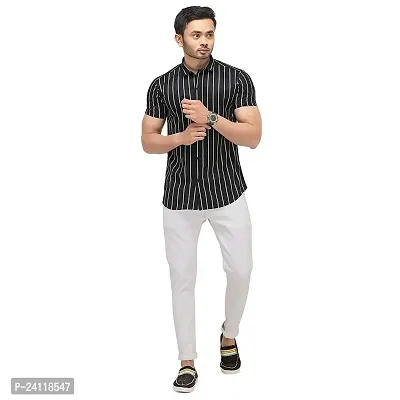 RK HUB Men's Lycra Striped Half Sleeve Casual Spread Collared Shirt (Black 1) (XXL, 1)