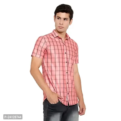 RK HUB Men's Lycra Striped Half Sleeve Casual Spread Collared Shirt (Red) (M, 1)