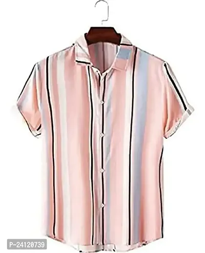 RK HUB Men's Lycra Striped Half Sleeve Casual Spread Collared Shirt (Pink) (L, 1)