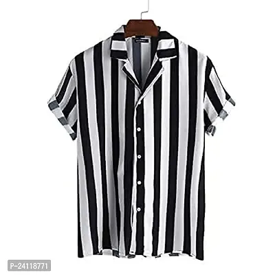 RK HUB Men's Lycra Striped Half Sleeve Casual Spread Collared Shirt (White,Black) (M, 1)-thumb0