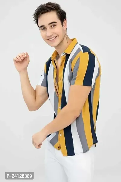 RK HUB Men's Lycra Striped Half Sleeve Casual Spread Collared Shirt (Yellow,Black) (L, 1)-thumb3