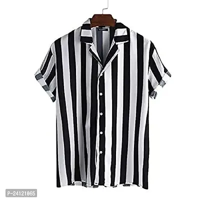 RK HUB Men's Lycra Striped Half Sleeve Casual Spread Collared Shirt (White,Black) (L, 1)