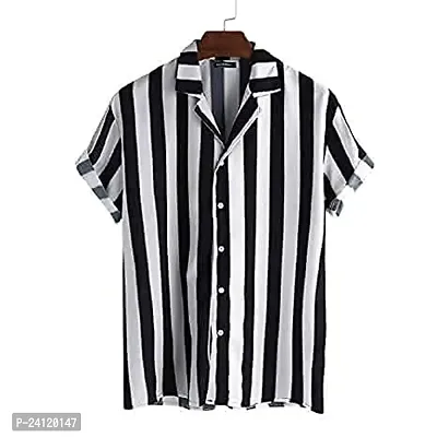 RK HUB Men's Lycra Striped Half Sleeve Casual Spread Collared Shirt (White,Black) (XL, 1)-thumb0